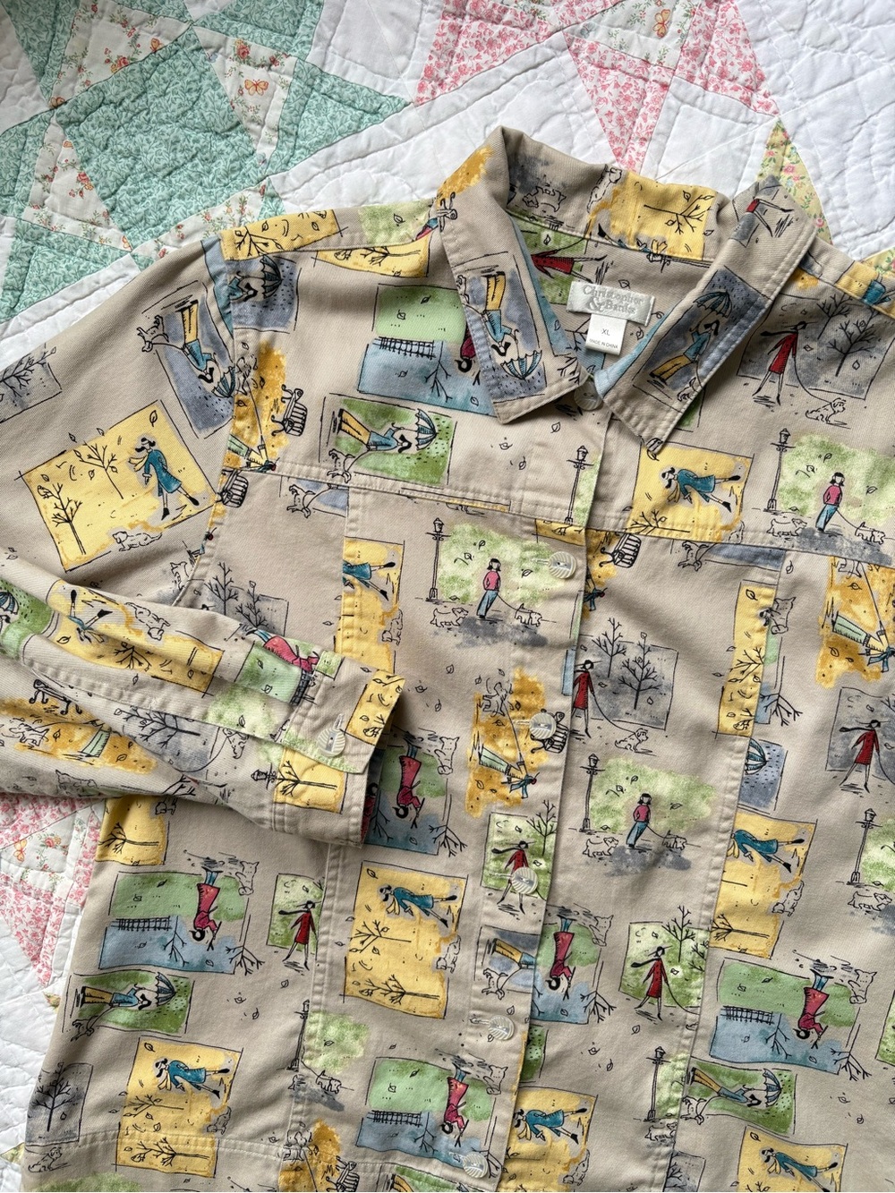 Vintage Y2K Allover Print Dog Walk Top Blouse Shirt XL Seasons Cottagecore Soft